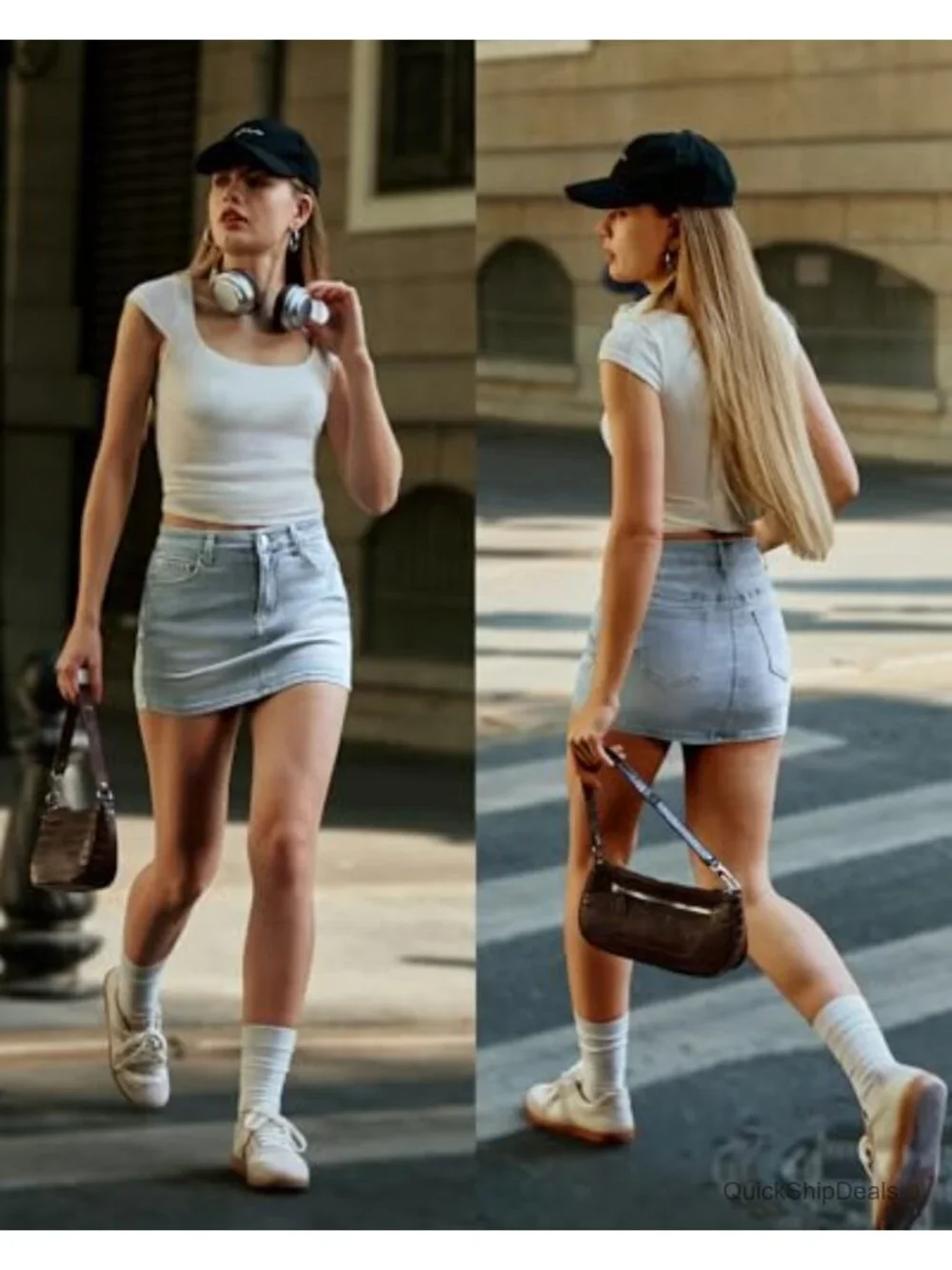 Low Rise Denim Mini Skirt with Built-in Shorts Stretchy Cotton Blend Bodycon